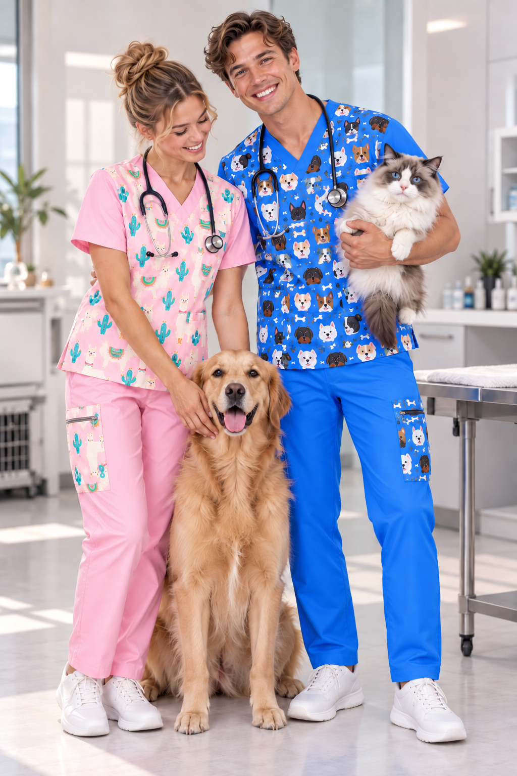 Two STARWARM models β Llama Pink and Puppy Blue scrub sets with animals