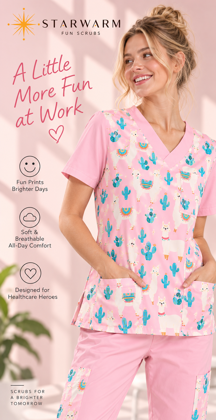 Llama Pink Scrub Top