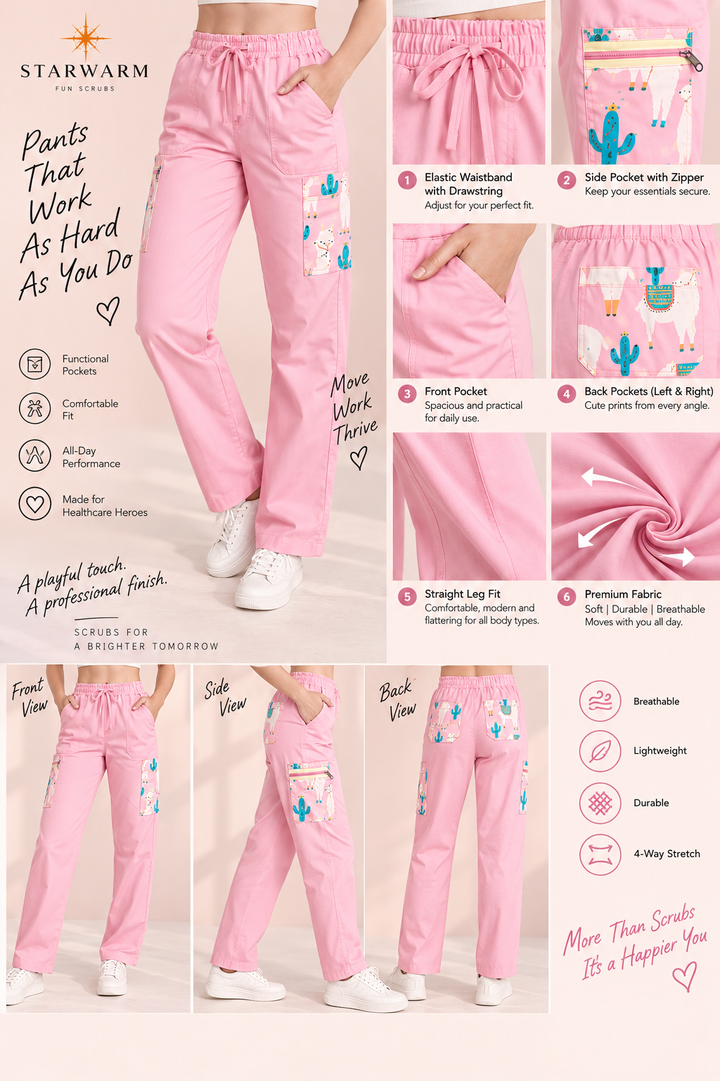 Llama Pink Scrub Pants
